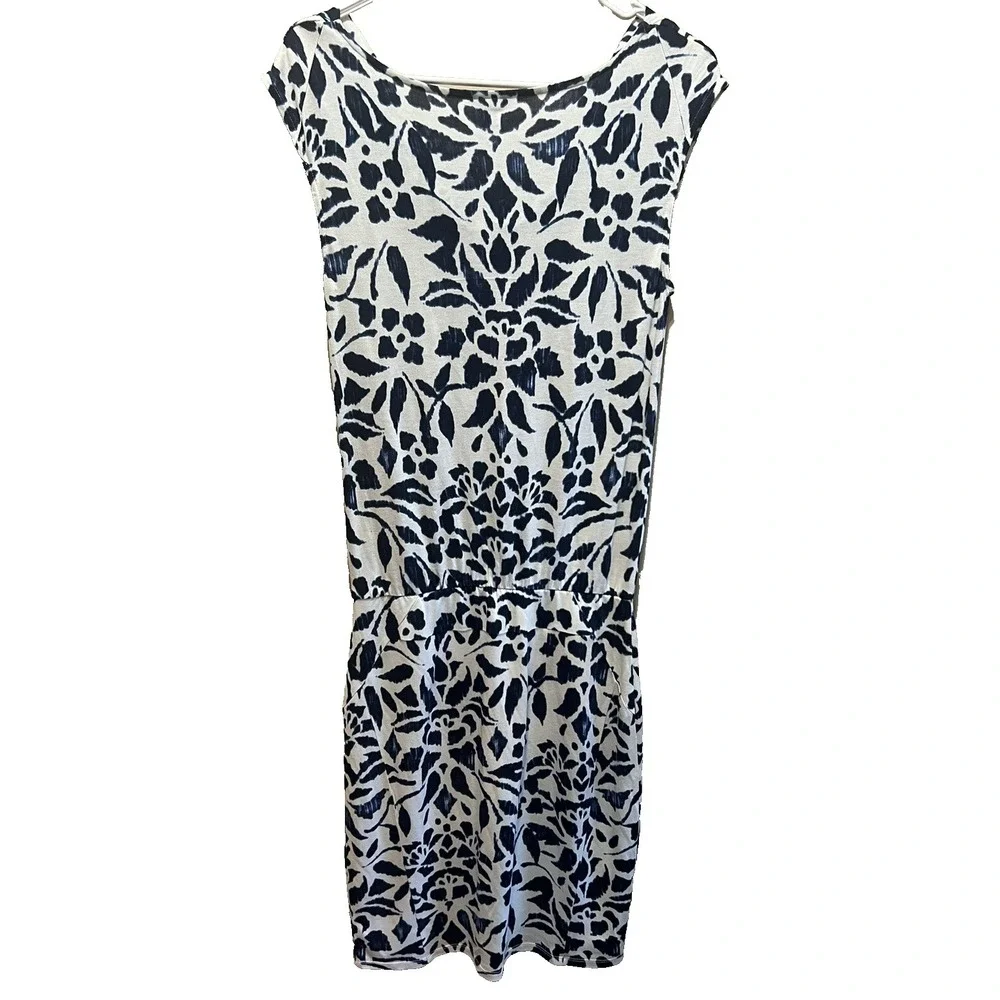 Ann‎ Taylor Knit Dress XS Midi Ivory Navy Flower Print EUC